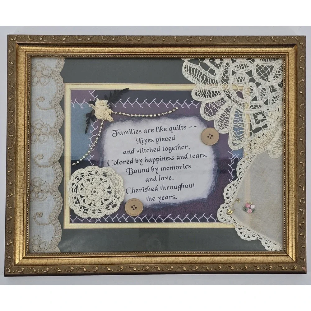 Vtg Handmade Framed Collage 'Families are Like Quilts' Poem Lace Button Crochet